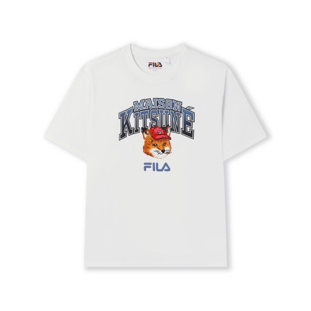 Fila X Maison Kitsune Fox Head Trendy Casual Sports T-Shirt Unisex Tops Cloud-White F11U529102F-WT