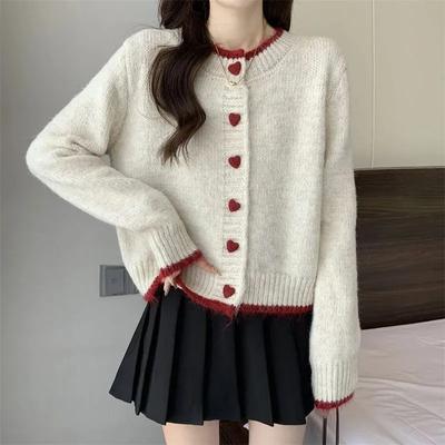 Women Sweater Coat 2025 Autumn Winter New Design Color Block Heart Button Knit Cardigan Short Sleeve Top