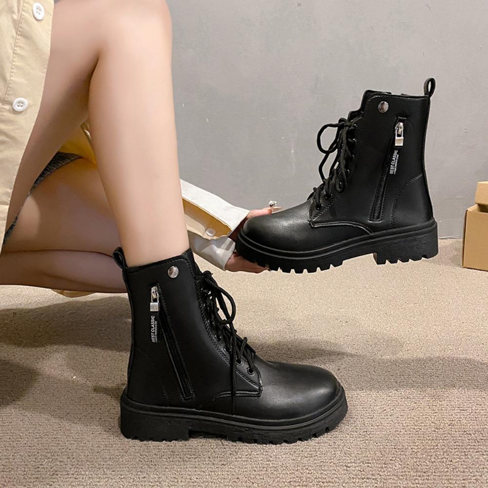 Fashion 2025 New Boots Ladies Lace-Up Shoes for Women Warm Platform Zipper Black Casual Comfortable Ankle Boots