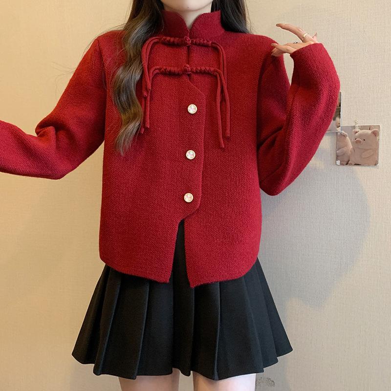 

Натуральный красный женский свитер весна новый праздничный топ на пуговицах кардиган на булавке one size fits all