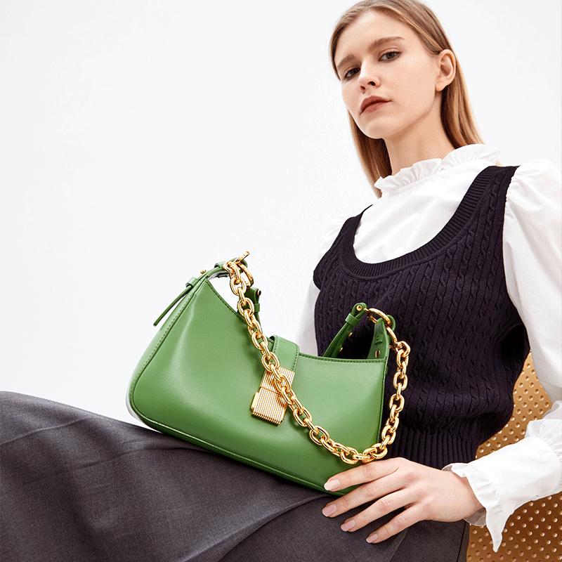 Charles & Keith Fashion Minimalist Trendy Chain Faux Leather Shoulder Bag Women Shoulder Bag Black Beige Green CK2-20781726-1