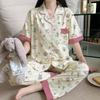 Pastoral style Tutu contrasting color imitation cotton pajamas women's summer short-sleeved trousers medium mother large size loungewear