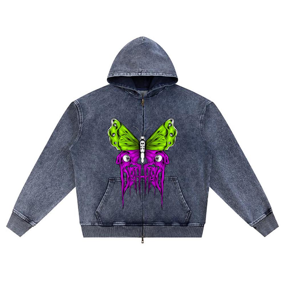 

DTG print Knitted Denim Zip-Up Hoodie butterfly_death Brother Print Zipper Hoodies XL