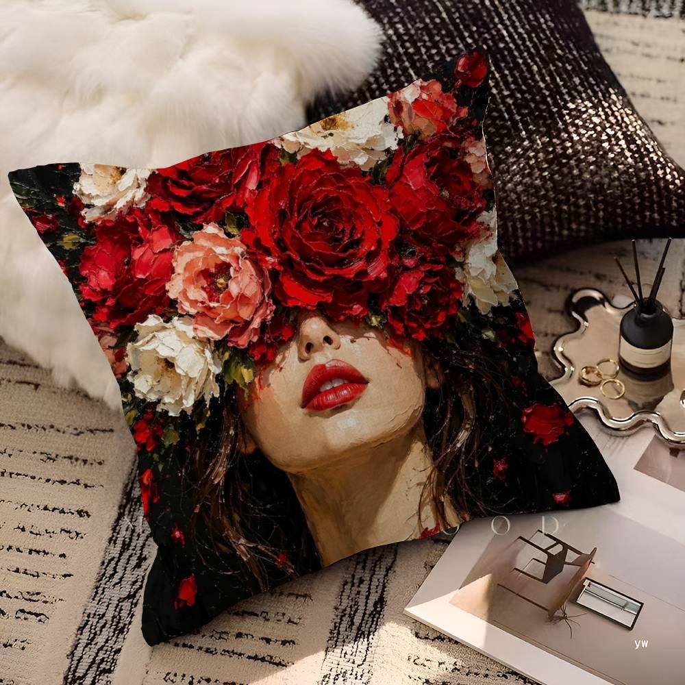 Fashion Floral Woman Portrait Lucky Dragon Pillow Cover Sofa Cushion Cover Home Room Decoration Children Gift