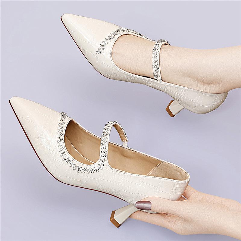 French pointed women's shoes fairy wind early spring single shoes female temperament thin heel rhinestone light luxury high heels