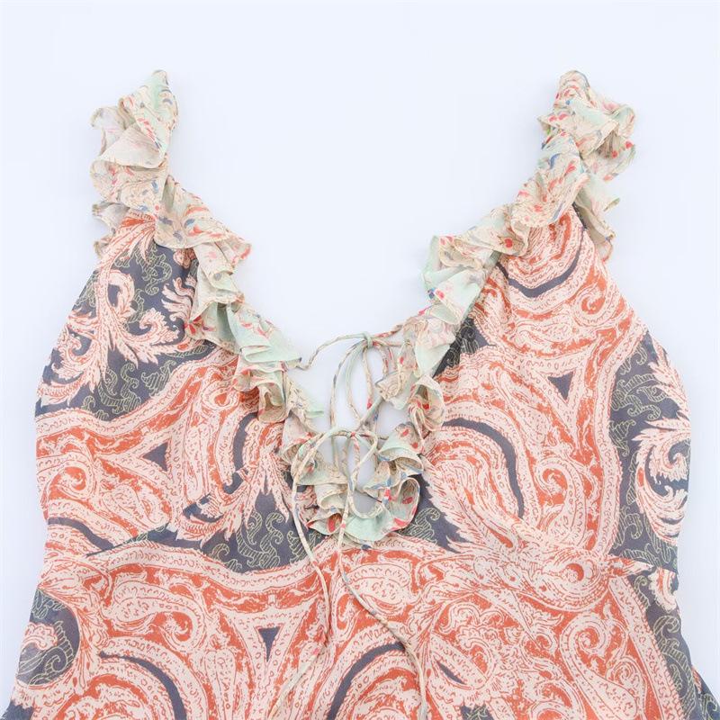 Summer Ethnic Floral Ruffle Spaghetti Strap Dress