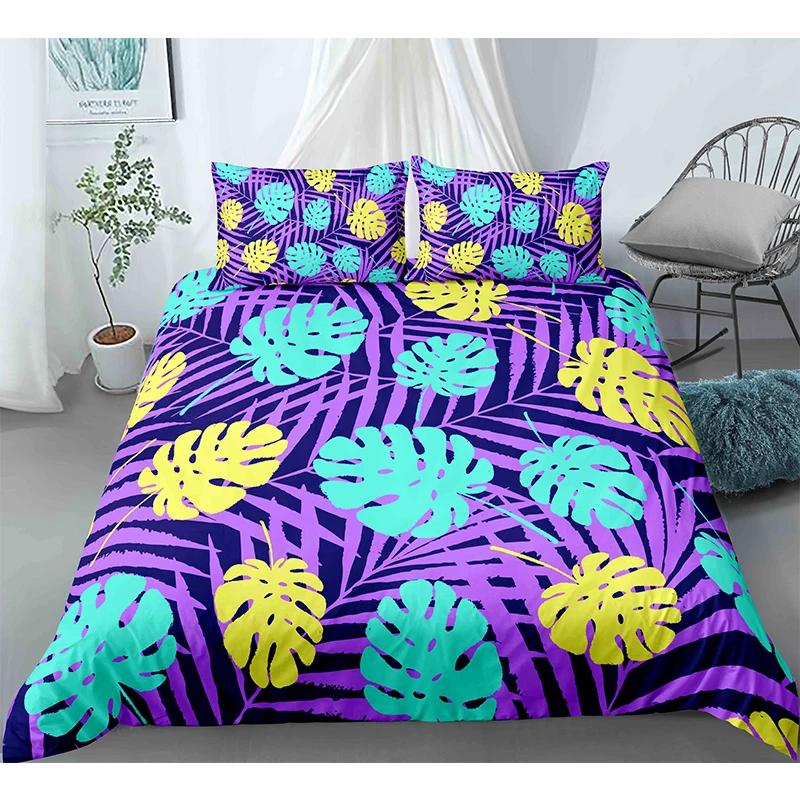 Tropical Botanical Leaves King Queen Duvet Cover Green Palm Leaves Polyester Bedding Set for Kids Teens Adults with Pillowcase