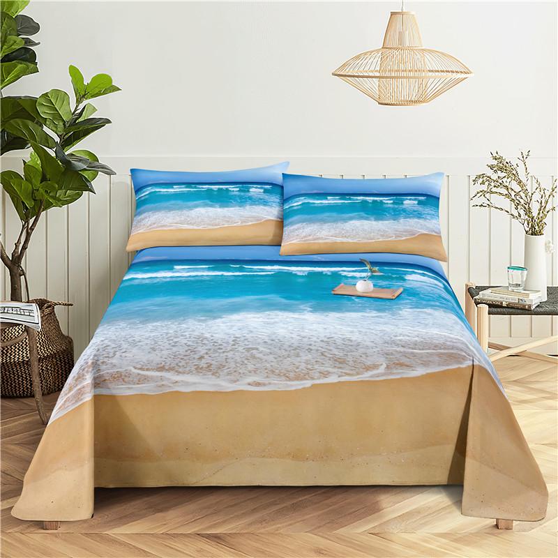 Seaside Scenery 0.9/1.2/1.5/1.8/2.0m Digital Printing Sturdy Polyester Bed Flat Sheet With Pillowcase Print Pattern Bed Ensemble