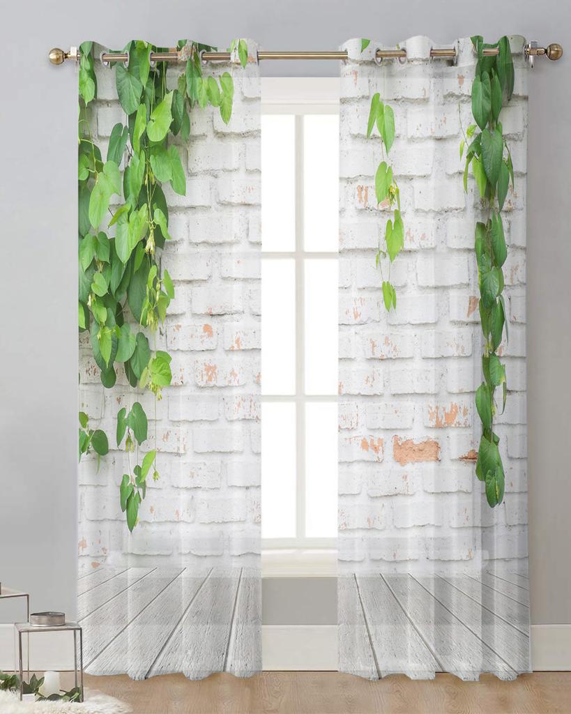 Green Plants White Masonry Wall Sheer Curtains for Living Room Decoration Window Curtains Kitchen Tulle Voile Organza Curtains