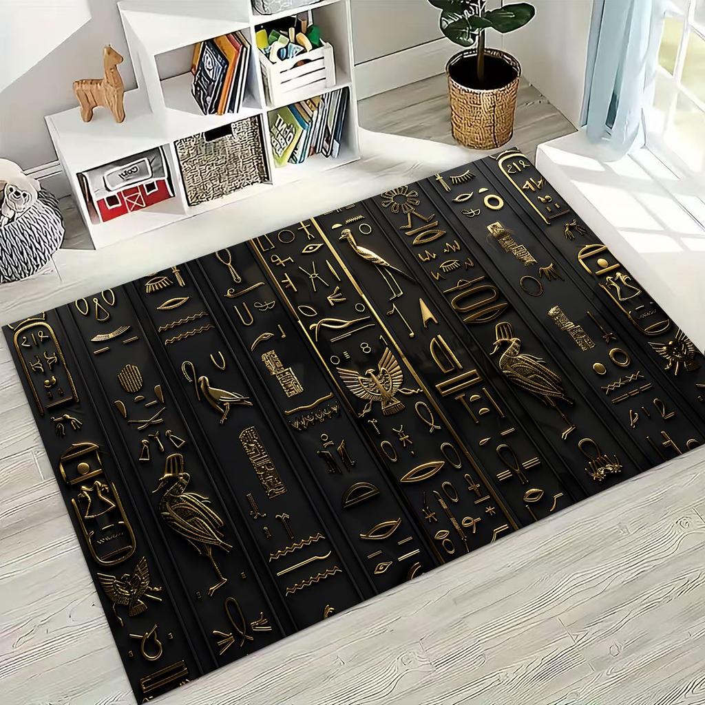 Ancient Egyptian Hieroglyphic Symbols Carved Murals Rug Carpet for Bedroom Living Room Sofa Doormat Decor,Kid Non-slip Floor Mat