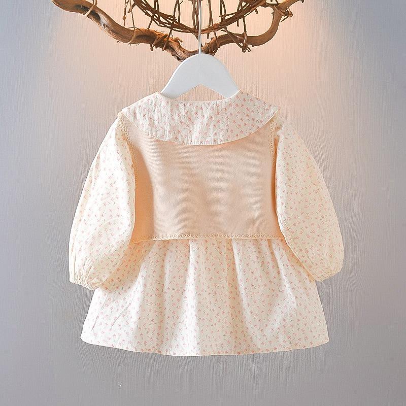 2 bucăți/set primăvară toamnă pentru copii mici fetițe rochie florală cu mâneci bufante rochii cu flori cu guler Peter Pan rochie plisată cu cardigan fără mâneci