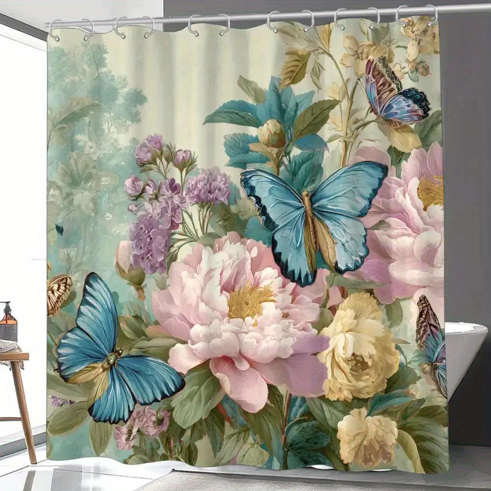 

1 Floral Pattern Bathroom Shower Curtain, Vintage Style Spring Design With 12 Hooks, 70.87X 70.87Inch Home Decorative Thermal-Bl W60H190(CM)-1 Pcs
