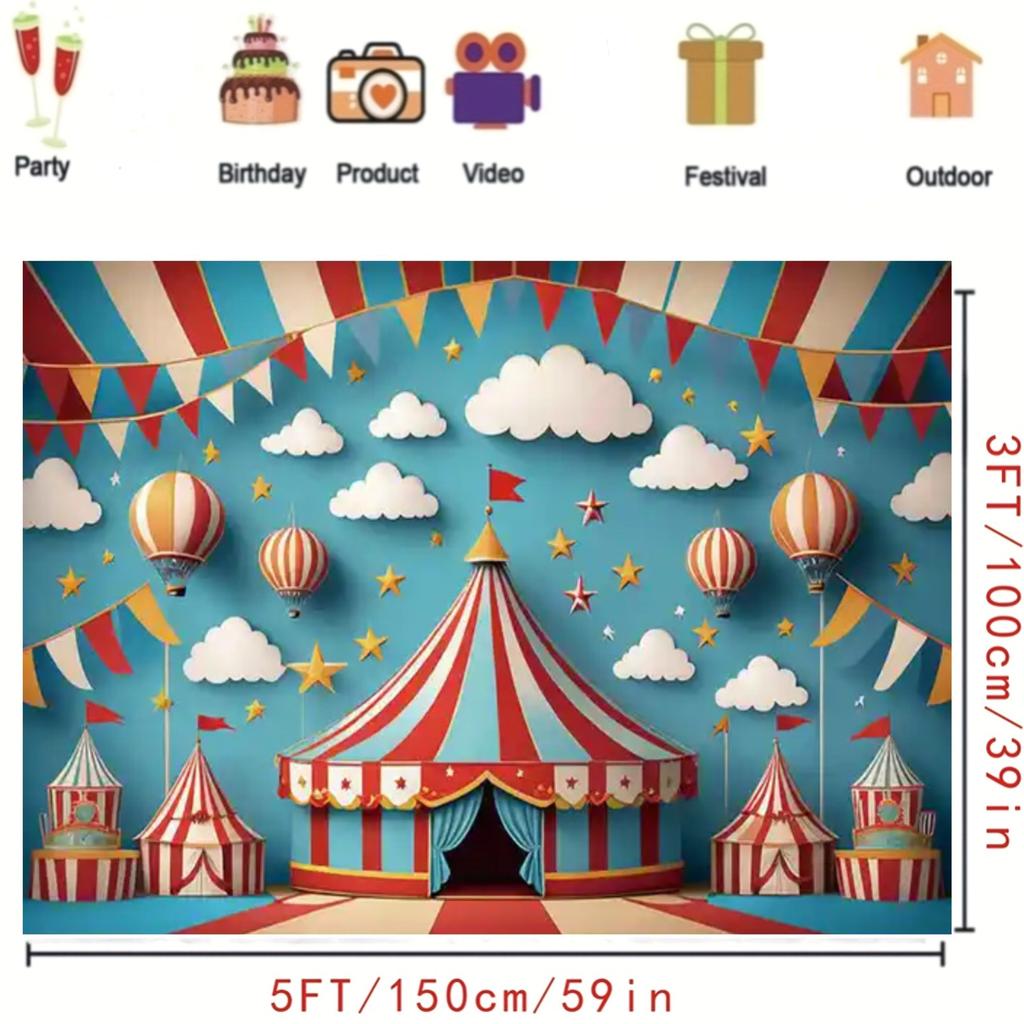 2D Flat Surface 1-piece Circus Tent Photo Background Fabric Suitable for First Birthday and Carnival Parties