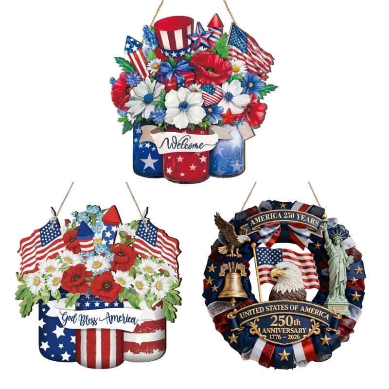 Patriotics Door Decoration Sign 4th of July Wreath for Front Door Hanger Memorial Day Wooden Hanging Sign Wood Plaque