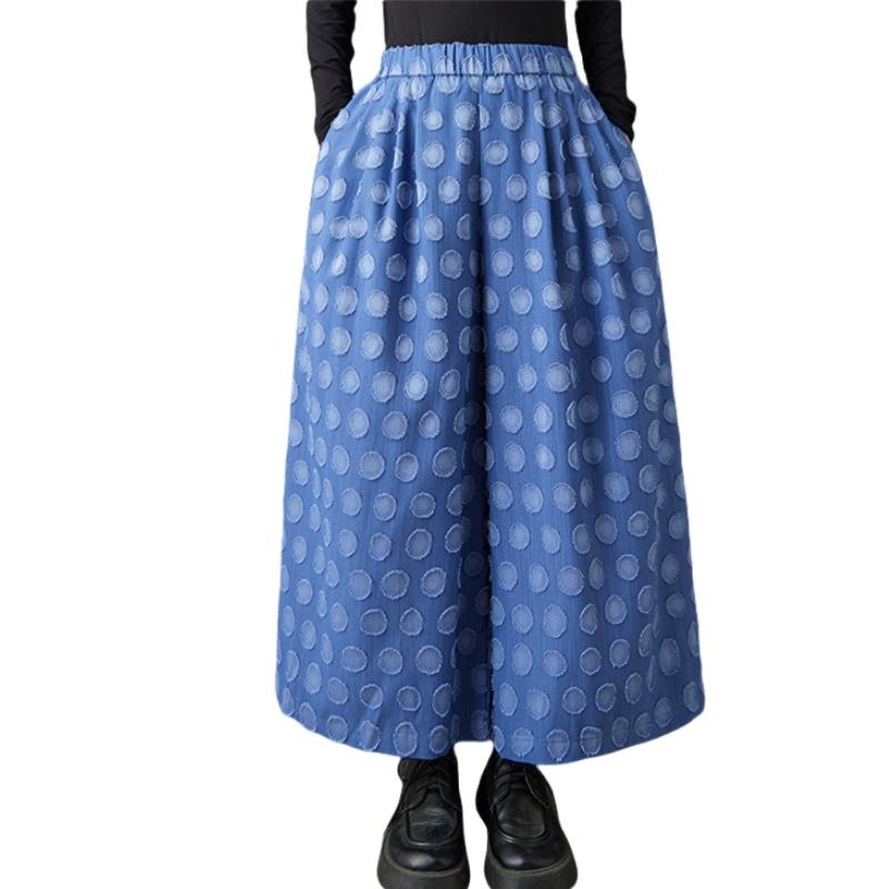 

plus size Vintage dot high waist casual loose Women spring summer autumn jeans denim wide leg Pants синій