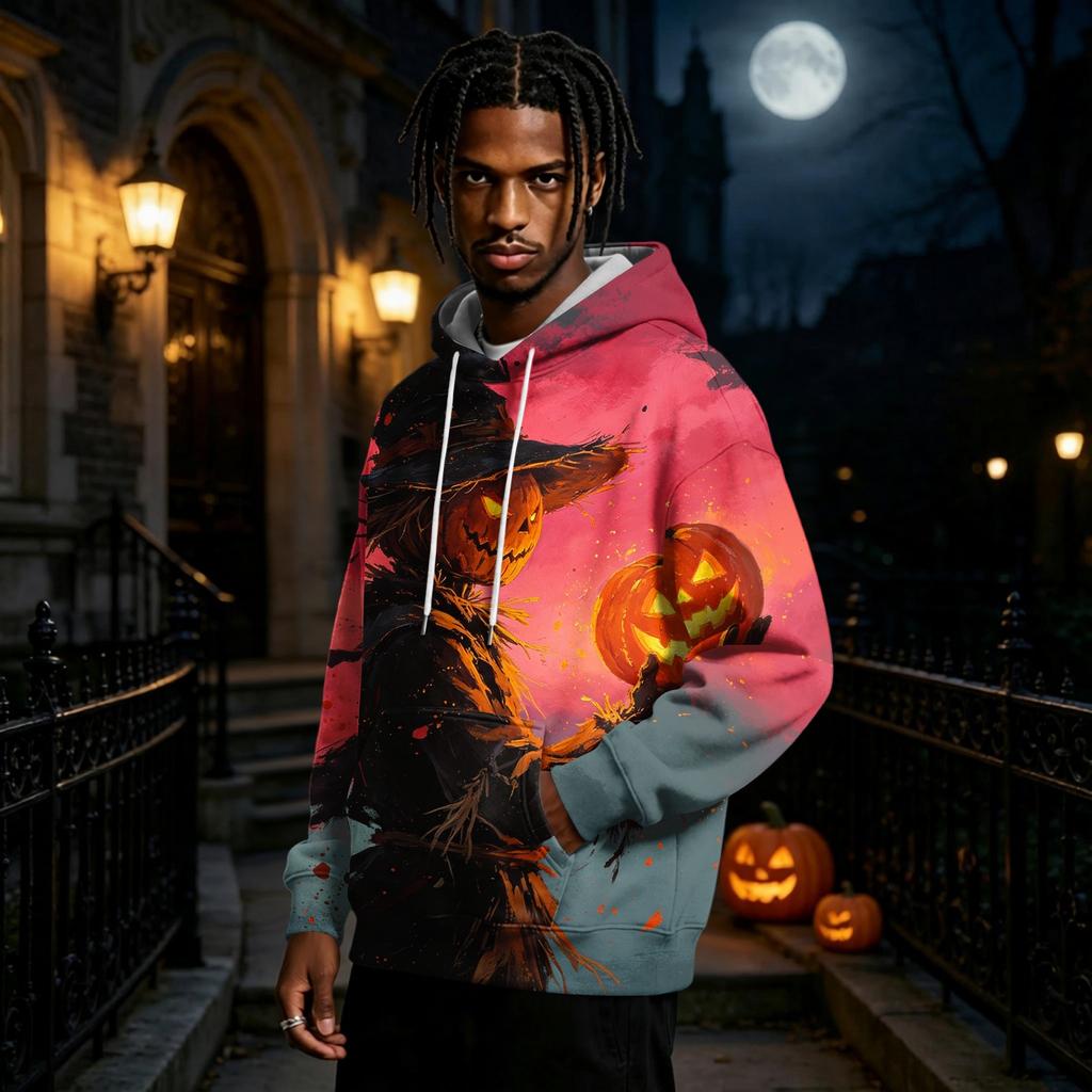 Men's Halloween Print Hoodie Long Sleeve Pullover Sweatshirt Casual Top