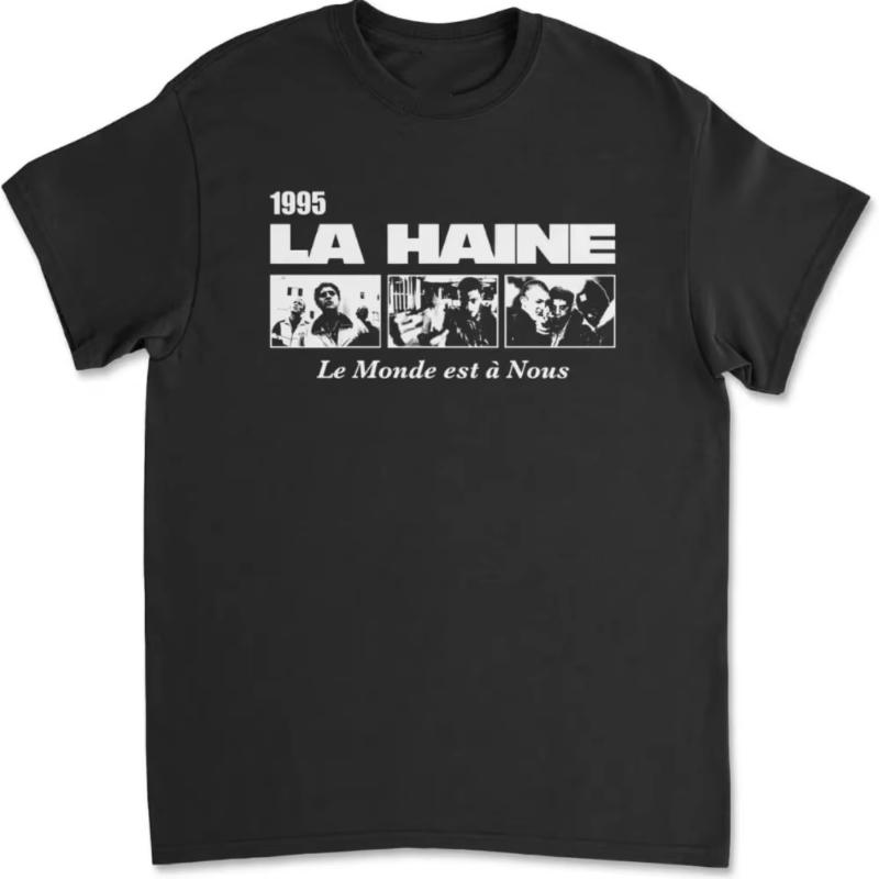 

Black streetwear white printed Tshirt regular fit short sleeved Unisexs retro La Haine movie poster printed Tshirt S