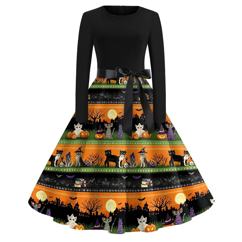 Women Casual Vintage Halloween Print Dress Long Sleeve Round Neck Retro Fit and Flare Midi Dress with Waist Tie Belt