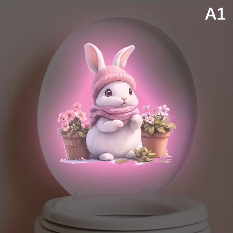 Glow-In-The-Dark Flower Rabbit Toilet Lid Decal Self-Adhesive Removable Toilet Sticker Wall Sticker Home Bathroom Decor