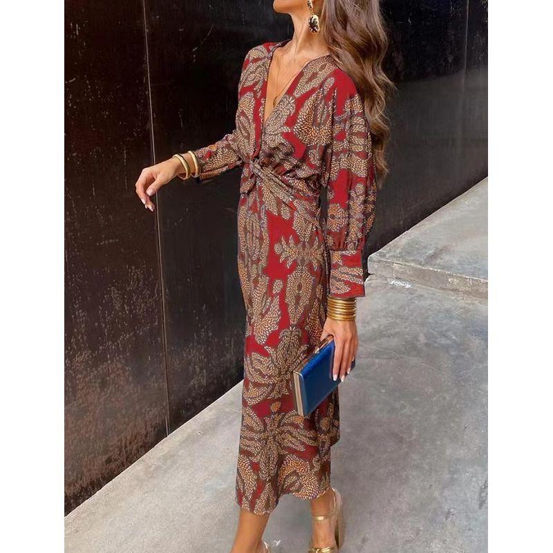 

Printed Long Sleeve Women s Long Dress Print Long sleeve Women clothes Long Dress Burgundy XXL