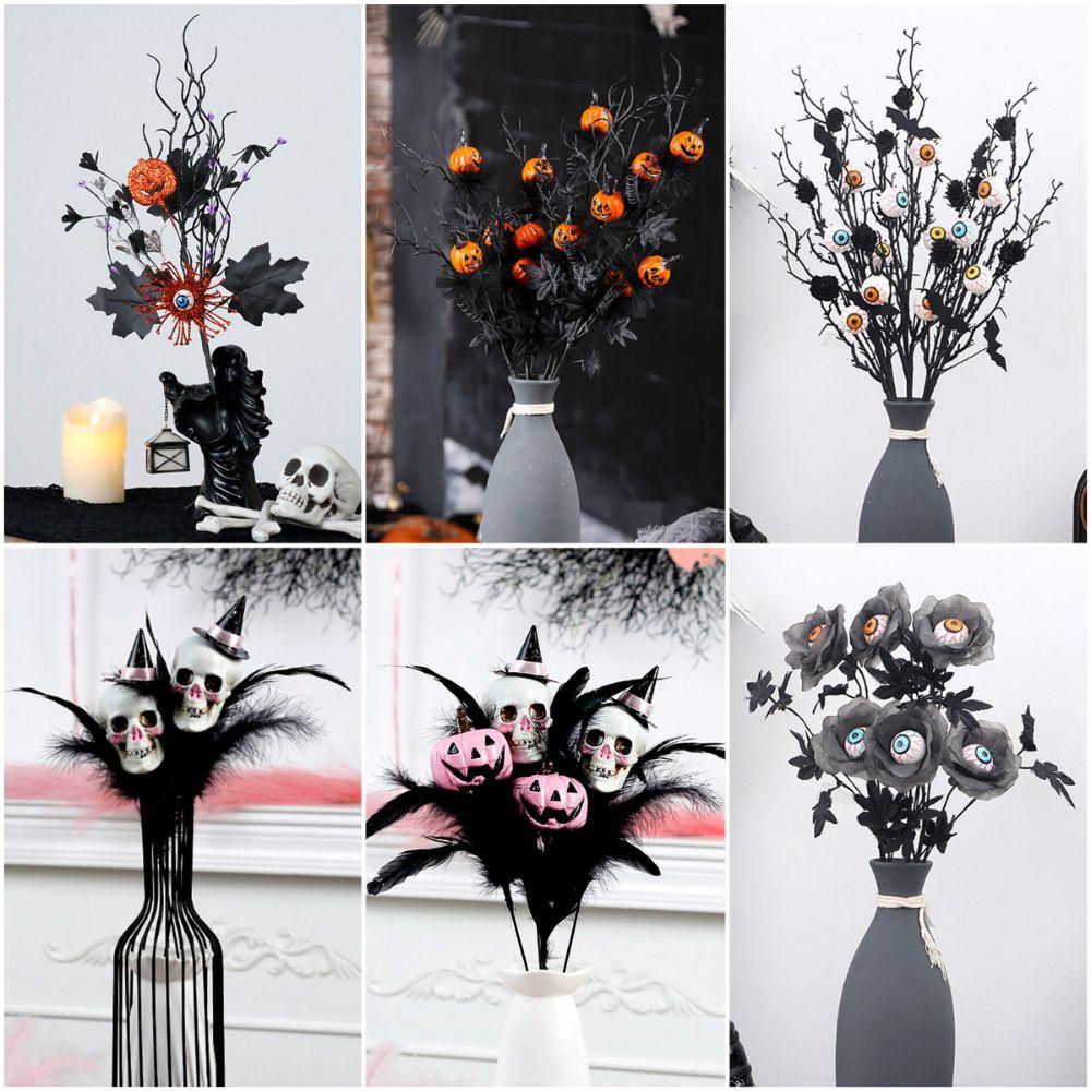 Black Halloween Decorations DIY Accessories Artificial Pumpkin Maple Branches Props Halloween Halloween Pumpkin Flower Stem