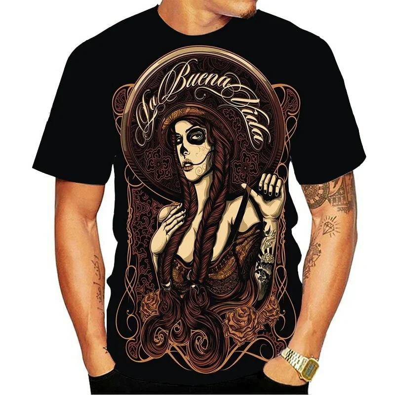 Summer Round Neck 3D Skull Beauty Pattern Print Top Fashionable Casual Short Sleeved Men's T-shirts