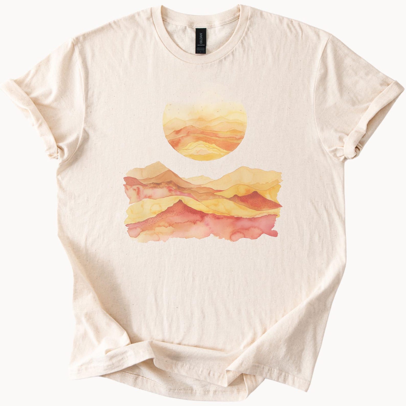 Desert Sunset Watercolor Landscape Graphic Tee Artistic Mountain Nature Shirt Earth Tone Aesthetic T Shirt Gift for Outdoors Lovers 110