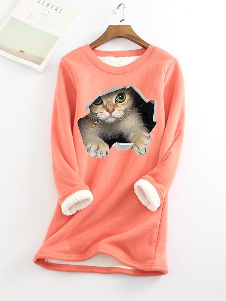 Autumn and Winter New Plus Size Fashionable Round Neck Pullover Cat Long Sleeved Plus Plush Thick Women's Bottoming Shirt Top