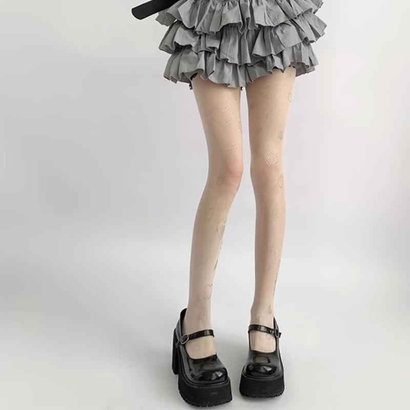 Women Sweet Ultra-Thin Sheer Pantyhose Stockings Japanese Style Glittering Rhinestones Heart See-Through Tights Leggings