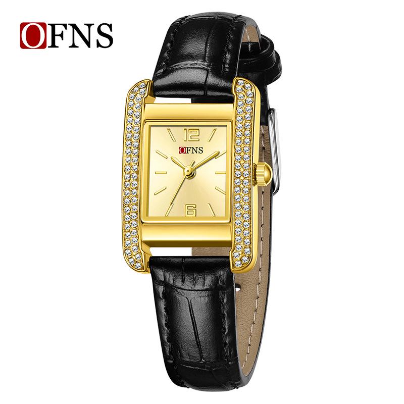 OFNS Elegant Women's Square Dial Watch: Simple Niche Bar Markers, Waterproof, Luxury Diamond Inlaid Quartz.