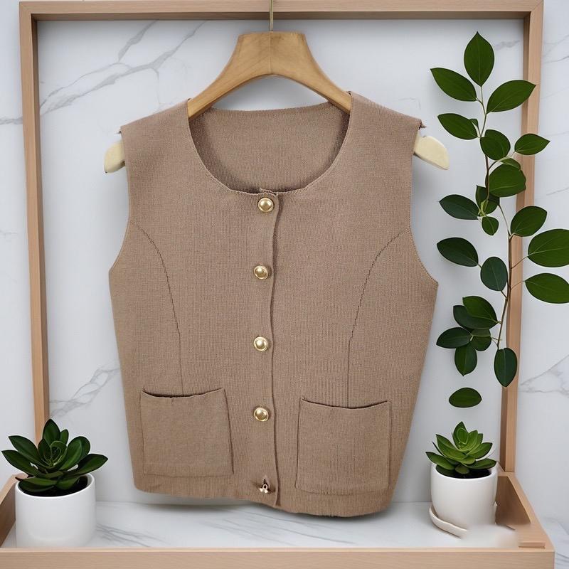 Dames fransk rund hals enkeltspent dobbel lomme ermeløs avslappet strikket vest