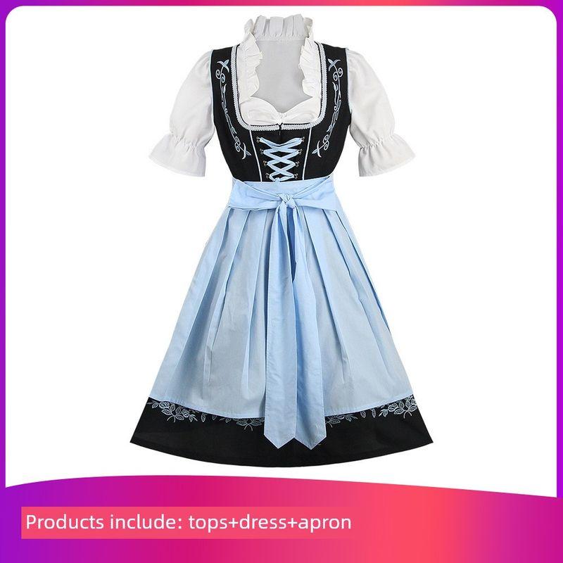 Halloween Cosplay Costume Oktoberfest Bavarian Traditional Beer Dress Embroidered Maid Outfit Maid Uniform Blue and Black (Embroidered) Skirt L