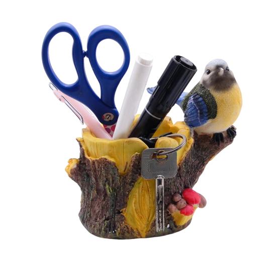 Simulated Bird Pen Holder Resin Stump Bird Stationery Pencil Stand