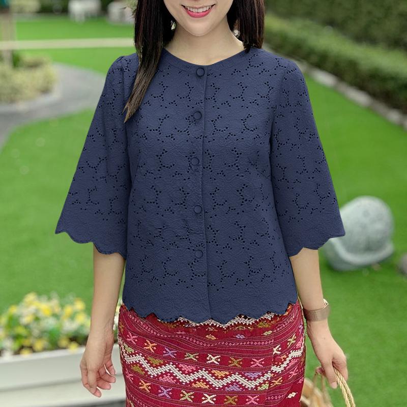 ZANZEA Women Casual Round Neck 3/4 Sleeve Lace Crochet Patchwork Loose Blouse
