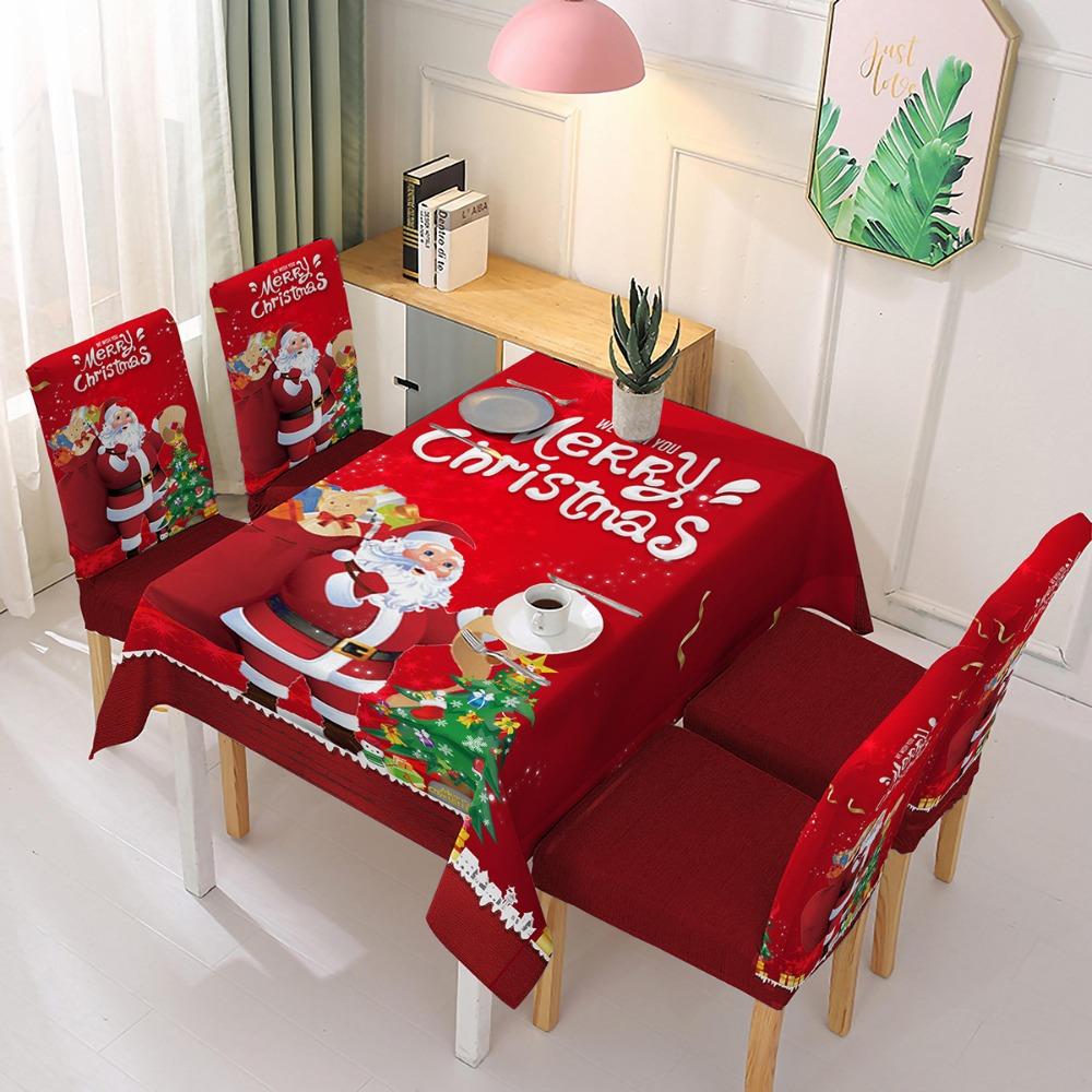 Christmas Polyester Waterproof Tablecloth with Printed Chair Covers Santa Claus Design Festive Decor