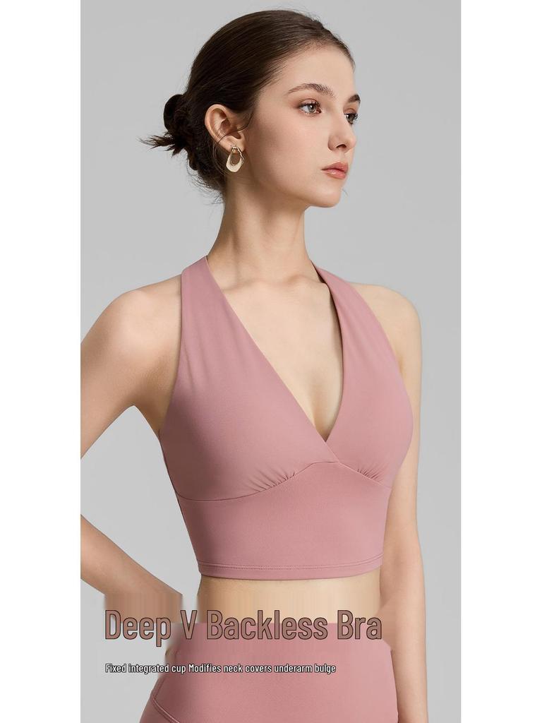 Spring Women's V-neck Sports Bra & Halterneck Yoga Tank Top with Fixed Cups - Supports Underarm Fat