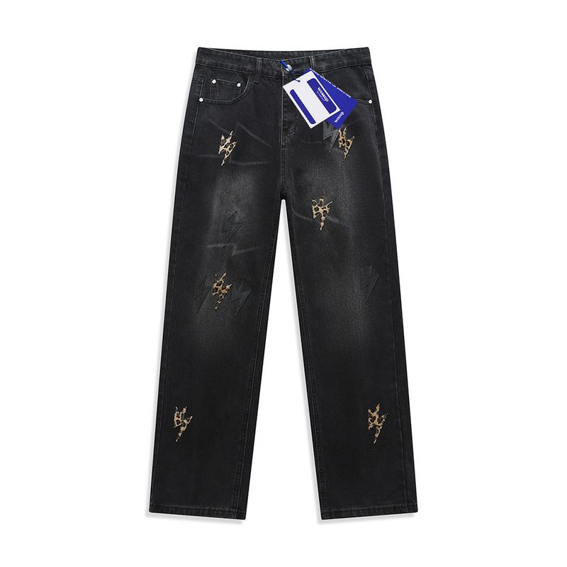 

Wassup Trendy American-Style Lightning Retro Jeans for Men, Loose Casual Straight-Leg High-Street Fashion Versatile Wide-Leg Pants Black Leopard Print Lightning Bolt XL