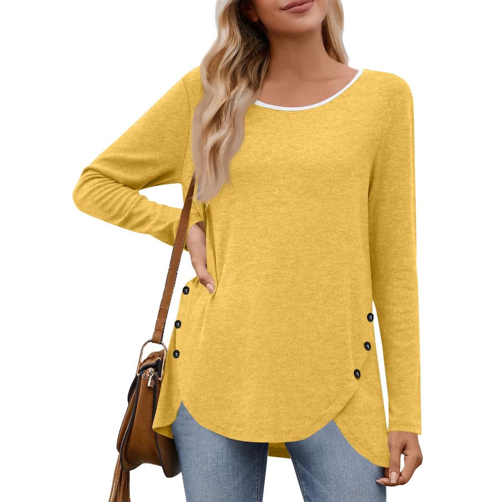 Women's Fashion Casual Solid Color Round Neck Long Sleeve Button Tops On Both Sides