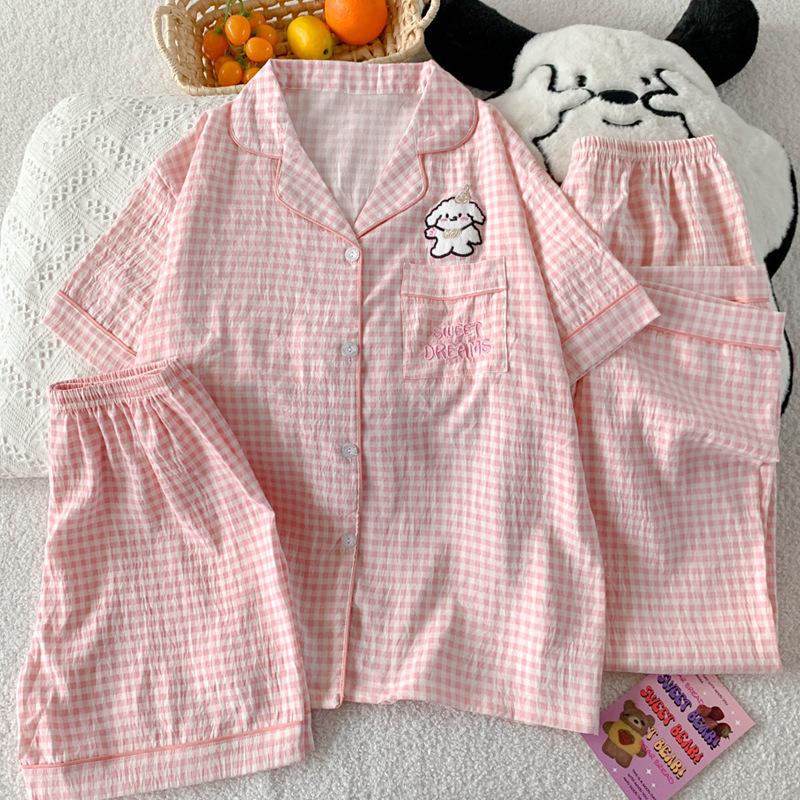 Line Puppy Cloud Cotton Pajamas Women'S Summer Short-Sleeved Three-Piece Set Sweet Plaid Thin Loungewear