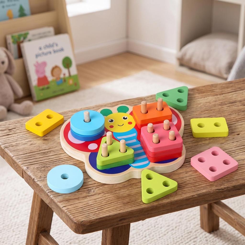 Butterfly Puzzle with Pegs Montessori Geometric Stacker Educational Shape Stacking for