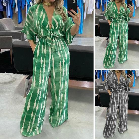 

Женский комбинезон с глубоким v-образным вырезом и рукавами «летучая мышь» с высокой талией на шнуровке, свободный длинный комбинезон с широкими штанинами и принтом, летняя уличная одежда