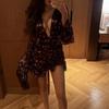 2026 Floral Print Chiffon Dress Deep V-Neck Long Sleeve Ruffle Hem Mini Women