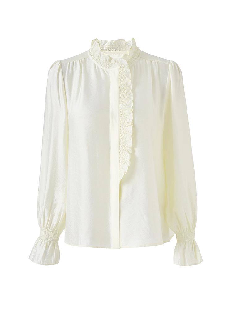 Nanyou Hofstil Tencel-Hemd: Damen Elegantes Krepp-Gefühl, Holzohr-Rand, Stehkragen, Frühlings-Oberteil