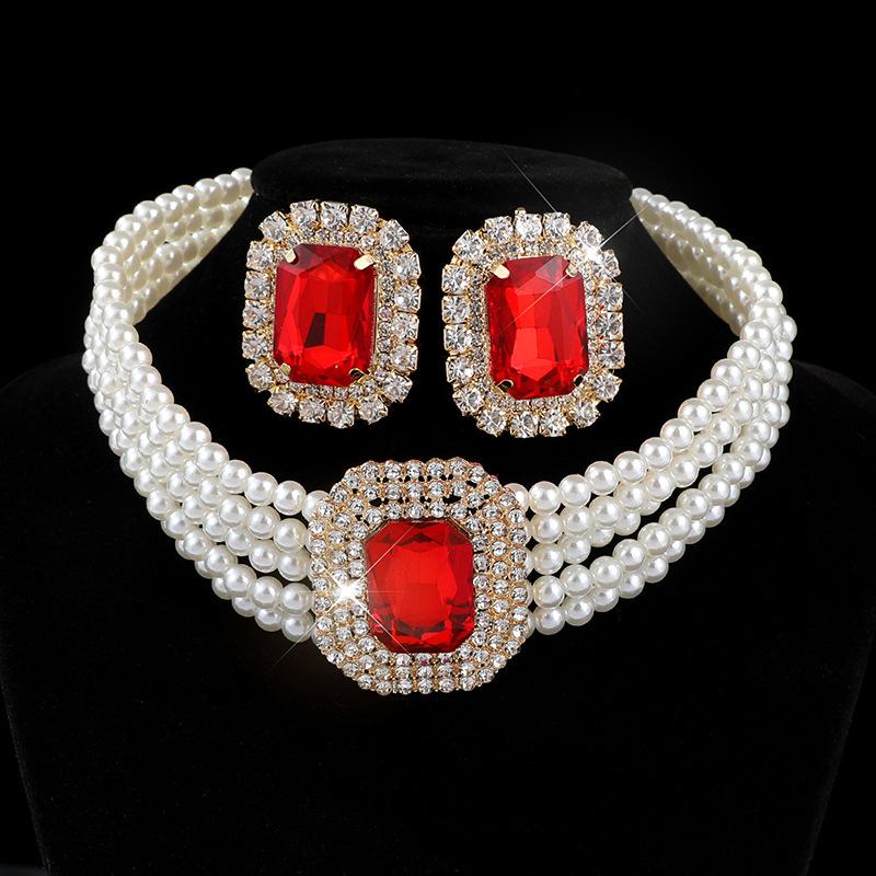 Banquet Glitter Glass Diamond Necklace Bridal Multi-Layer Imitation Pearl Geometric Rectangular Crystal Earrings Necklace Set