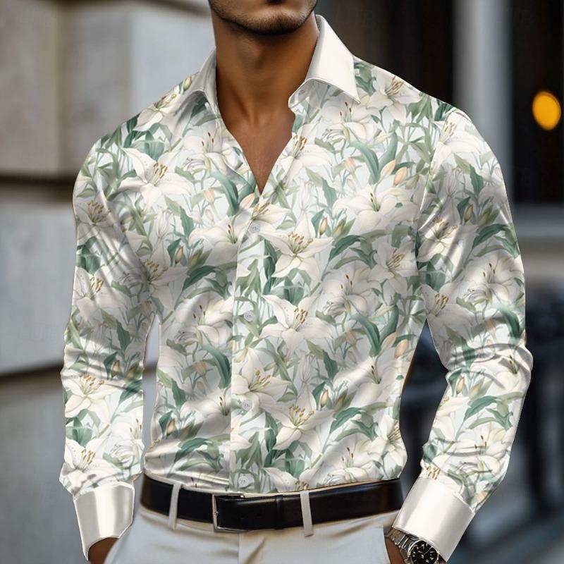 Herren gestreiftes Blumenmuster Hemd Langarm Mode Freizeit Urlaub Frühling Herbst Umlegekragen 3D-Druck Knöpfe Hemden