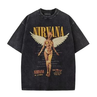 2026 Banda de Rock Nirvana Camiseta Retrô de Algodão Lavado Unissex Album Utero Masculina Feminina Oversized Y2K Camiseta Rasgada Casual Solta Streetwear