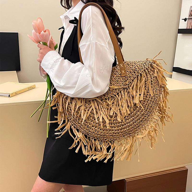 Damen Stilvolle Strick-Schultertasche mit Quaste Ausgehöhlte Flechttasche Verschleißfest Handgewebte Strandtasche Shopper Totes