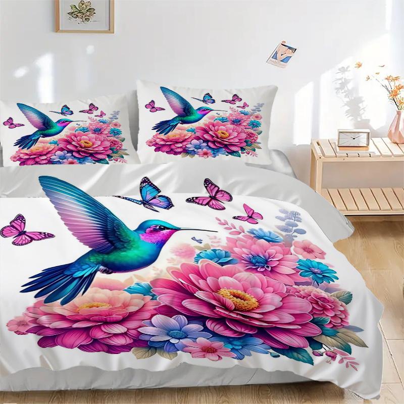 3pcs Hummingbird with Vibrant Blue Wings Quilt Cover Set (1 Quilt Cover + 2 Pillowcases Without Pillow Core), High-Definition Printing for Home a
