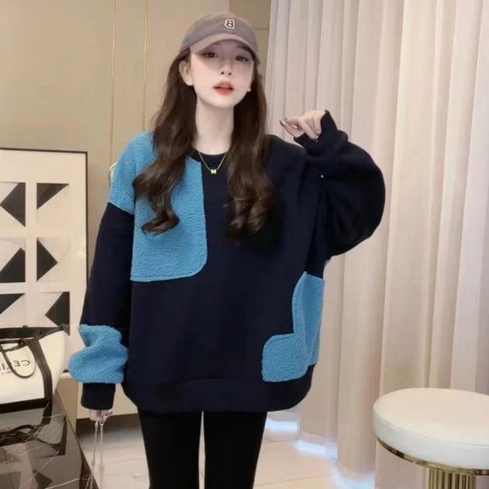 

Korean Version of Winter Plus Velvet Thickened Versatile New Loose Design Contrast Color Pullover Round Neck Sweatshirt for Women L синий