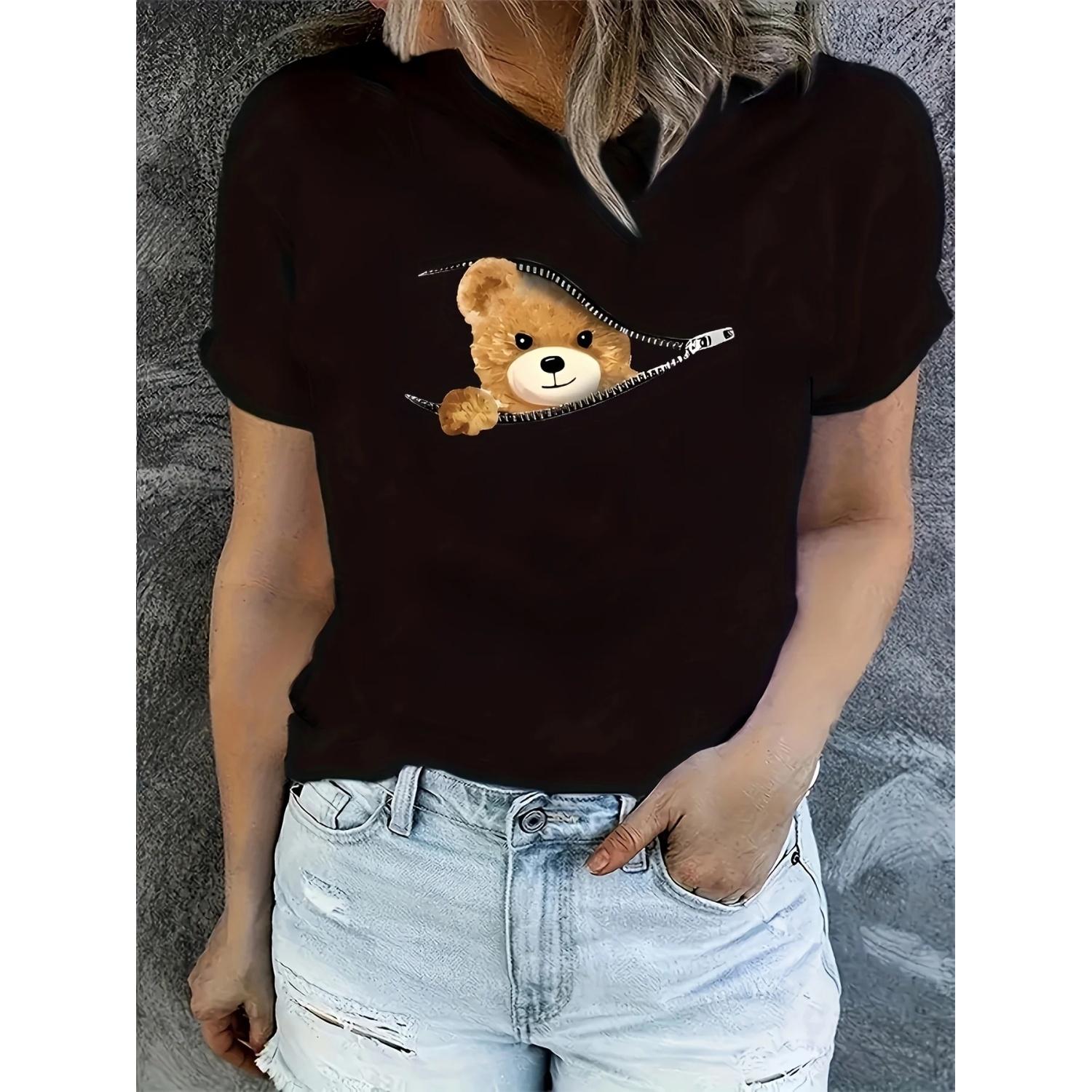 Graphic Print T-shirt, Short Sleeve Crew Neck Casual Top For Summer & Spring, Women s Clothing S чёрный